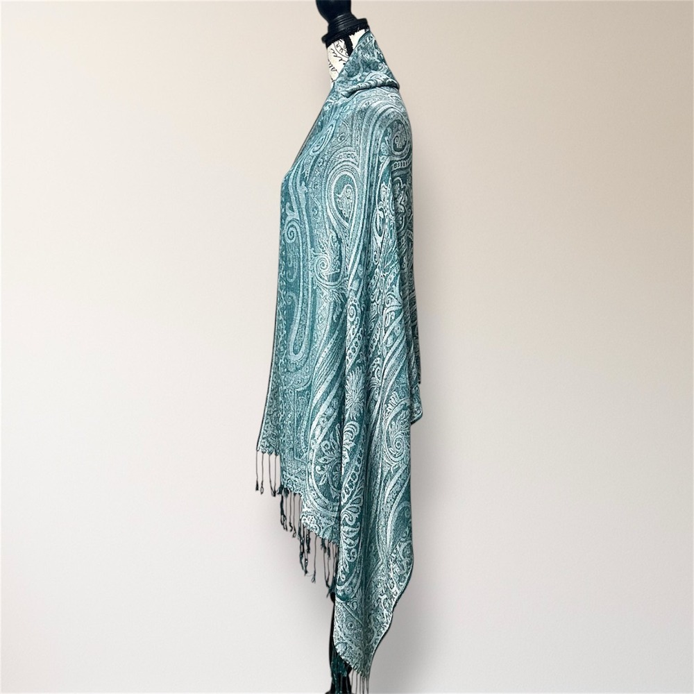 Pashmina Silk Teal Thread Paisley Shawl Wrap Scarf Fringe Boho Travel - Picture 6 of 11